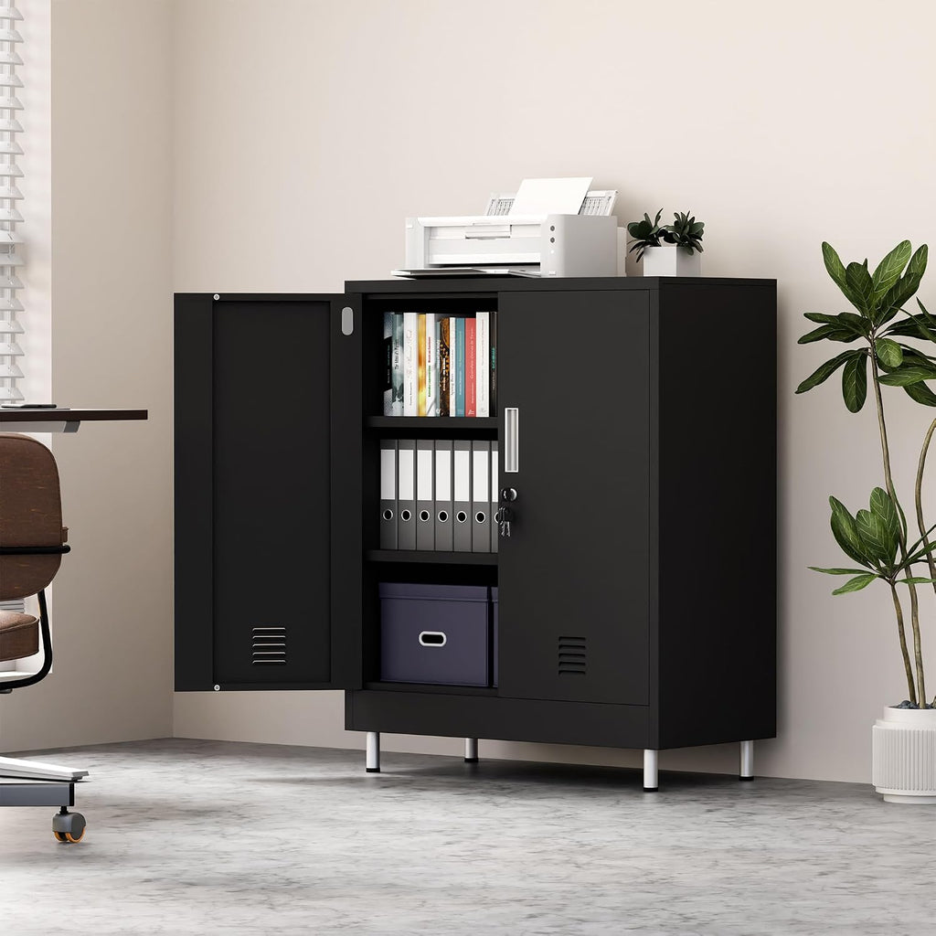 JINGUR Metal Storage Cabinet with Locking Doors and 2 Adjustable Shelves, Lockable Storage Cabinet for Home Office Garage Pantry Living Room (Black)