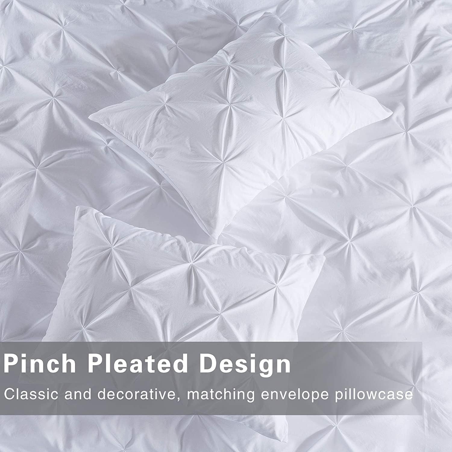 Pinch Pleated 3pc Duvet Cover Set 100% Egyptian Cotton 1000 Thread Count Zipper & Corner Ties Rectangle Pattern Decorative Pillow Shams (Alaskan 132x120, Pure White Solid)