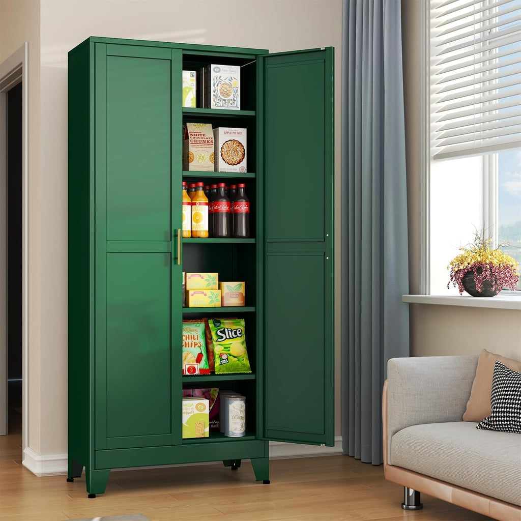 erosoei 75.2'H Metal Kitchen Pantry Storage Cabinet, Storage Cabinets with Adjustable Feet and Shelves,Food Pantries Cupboard for Kitchen, Living Room, Laundry Room and Dinning Room（Green）