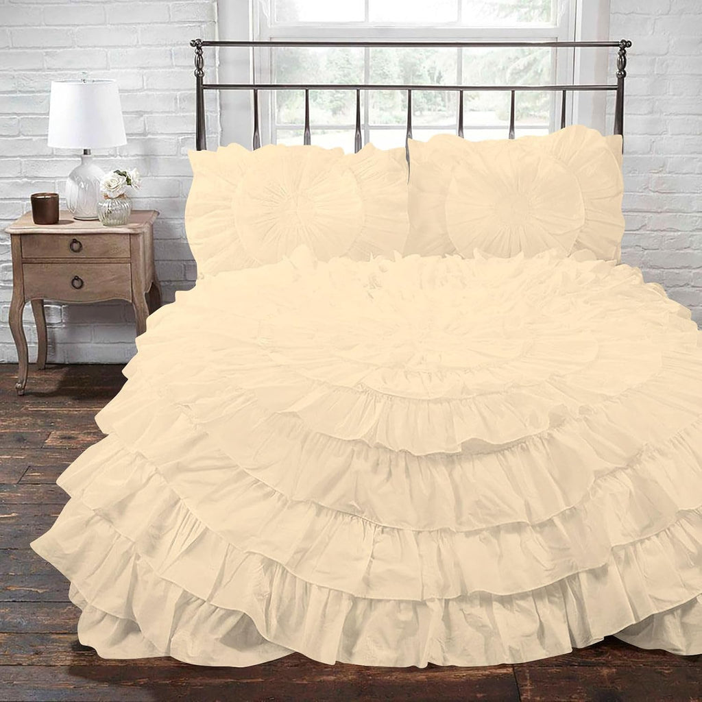 3 Piece 100% Egyptian Cotton Circle Ruffle Comforter Set, 550 GSM Filled Microfiber - Full/Queen Size, Ivory Color - 1000 Thread Count