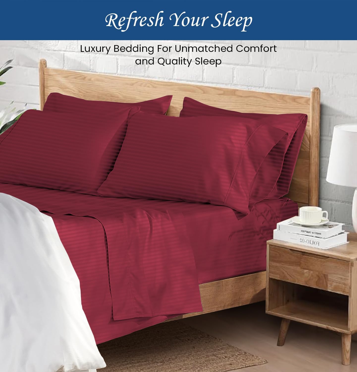 Luxury 1800 Thread Count Heavy Egyptian Cotton 4-PCs Sheet Set Fits Mattress 21-24'' Fully Elastic Deep Pocket (King Size) (Stripe, Burgundy)