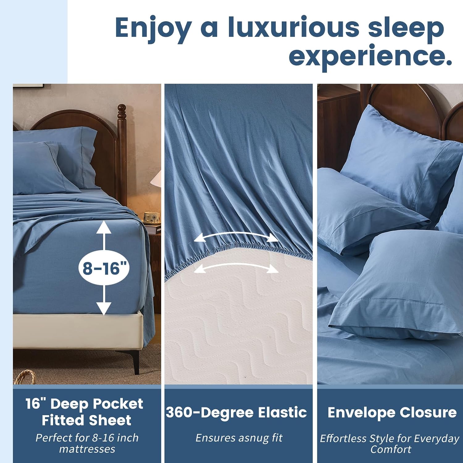 100% Linen Sheets Queen Size,Breathable & Durable 4-Piece Bed Flax Sheet Set,Soft All-Season Bedding for Hot Sleepers 16' Deep Pocket Oeko-TEX Certified,（Queen, Dusty Blue）