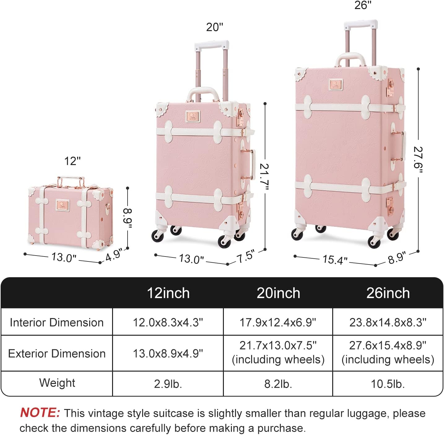 Unitravel 3 Piece Vintage Suitcase Set, Handcrafted Retro Luggage with TSA Lock and Carry On Cosmetic Train Case, Faux Leather Trunk Suitcase with Spinner Wheels for Women, Embossed Pink, 26'+20'+12'