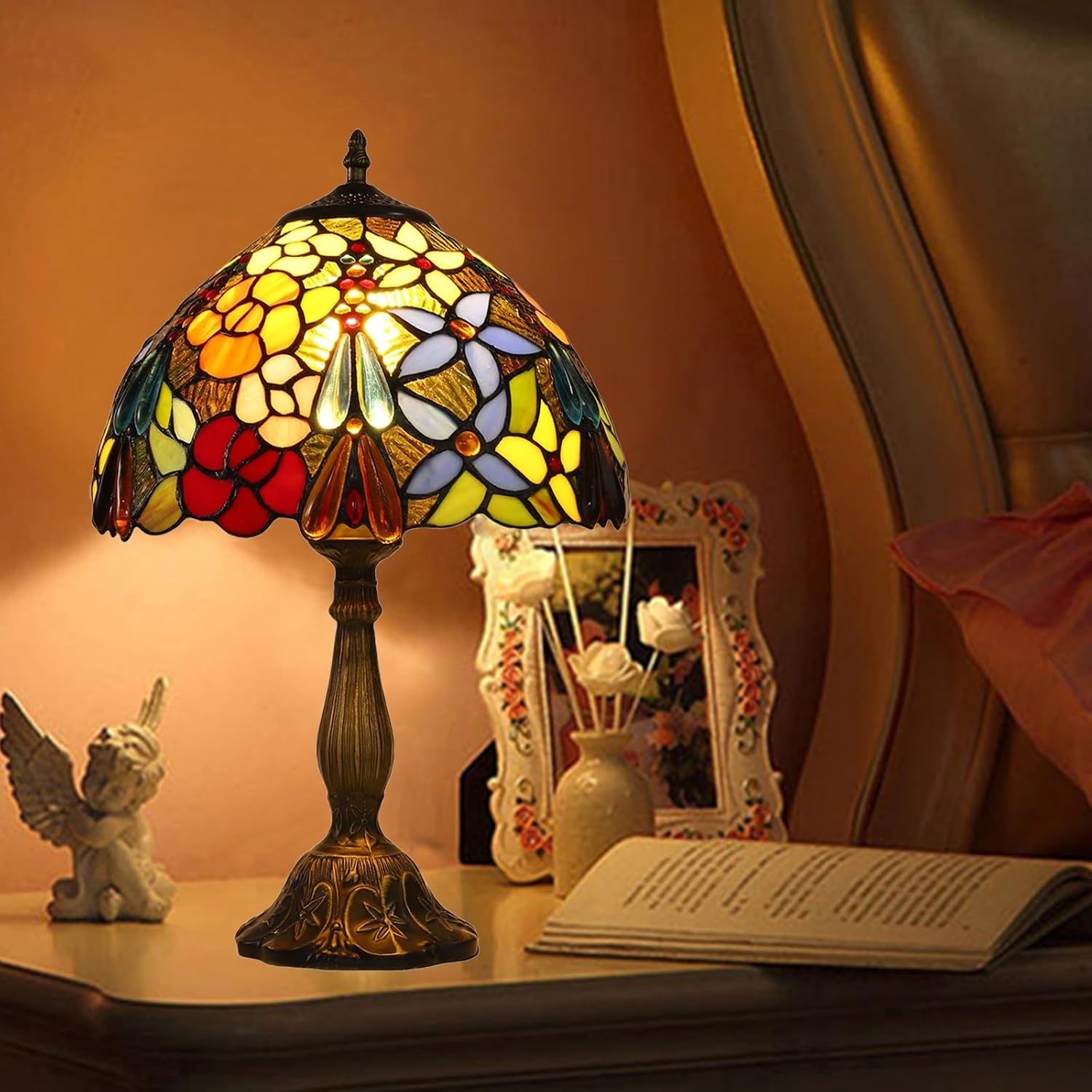 Tiffany Tall Table Lamps Bedside Nightstand Rose Flower Beads Stained Glass Table Lamp for Bedroom,Living Room,Dining Room Restaurant Hotel Desk Reading Light+LED Bulb,12X12X18 INCH