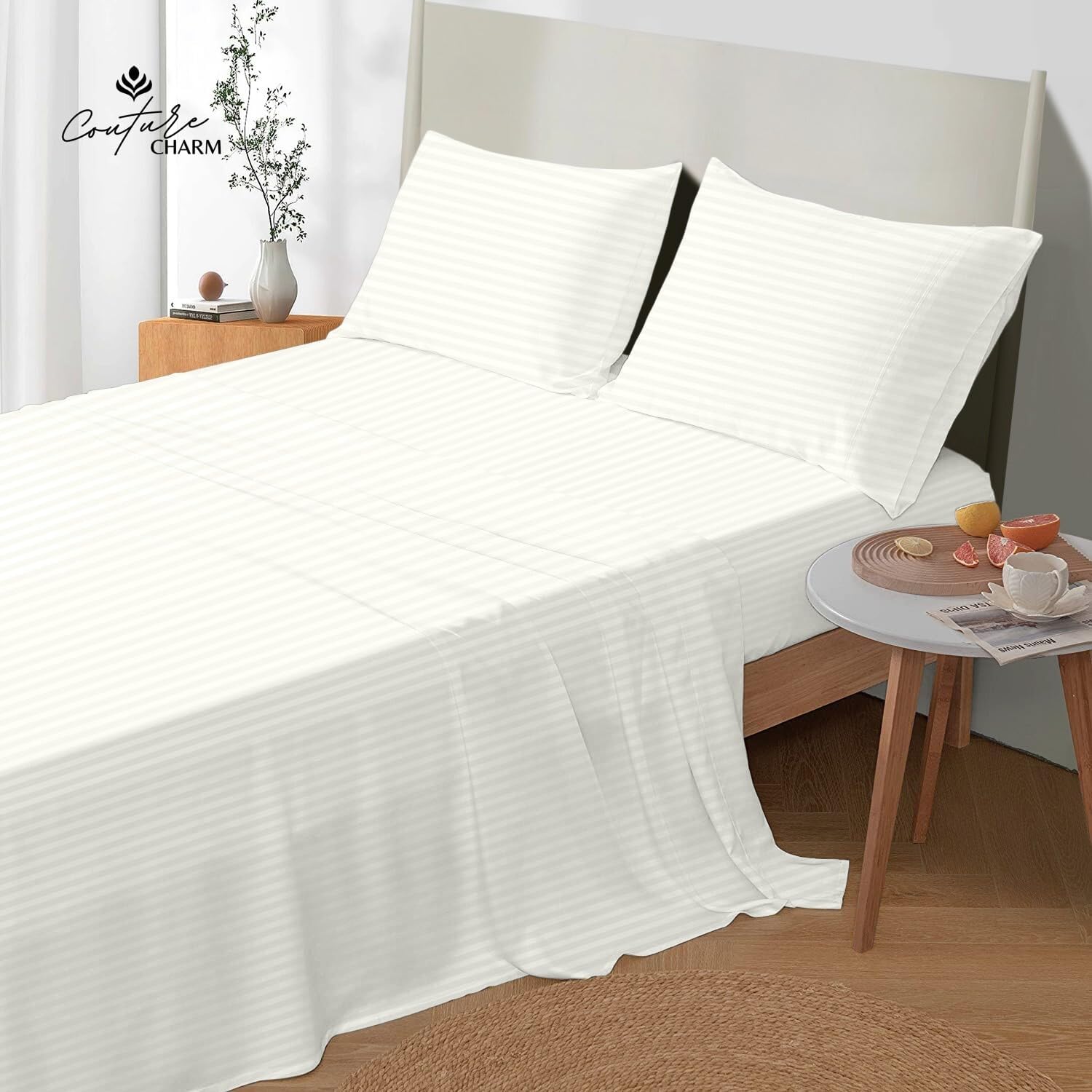 Queen Size 1000 Thread Count 100% Egyptian Cotton Sheet Set, 4-Piece, Sateen Weave, with 10-12'' Deep Pocket Snug Fit (Stripe, White)