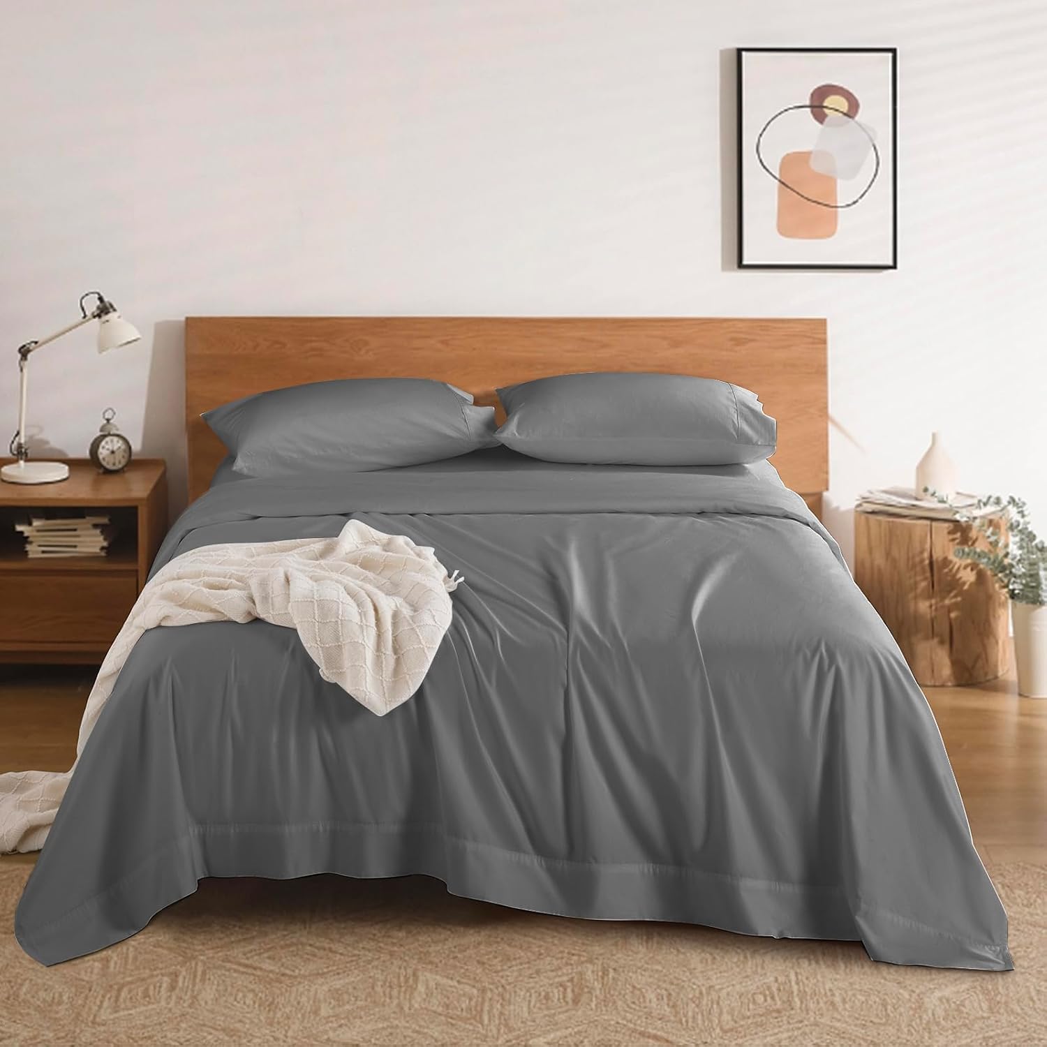 100% Cotton 1200 Thread Count Sheets Set Bedding Sets,Bed Sheet 4 Piece Sets,16 inches Deep Pocket (Dark Grey, Queen)