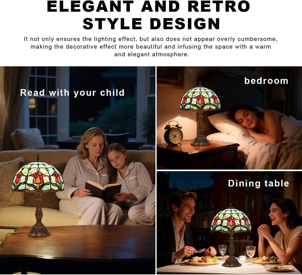 Stained Glass Tulip Table Lamp, Vintage Tiffany Style Reading Light, 12x12x19 Inch Antique Art Glass Desk Lamp for Home Office Bedroom Decor