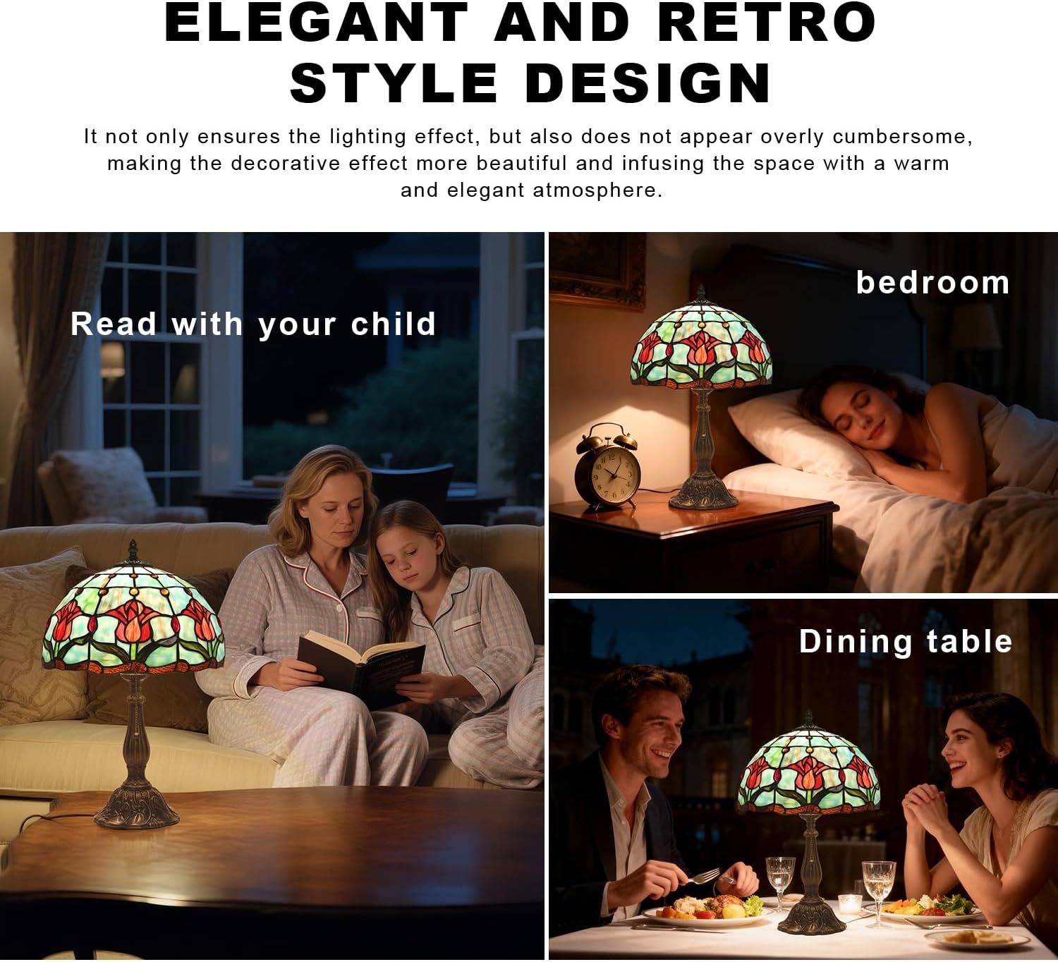 Stained Glass Tulip Table Lamp, Vintage Tiffany Style Reading Light, 12x12x19 Inch Antique Art Glass Desk Lamp for Home Office Bedroom Decor