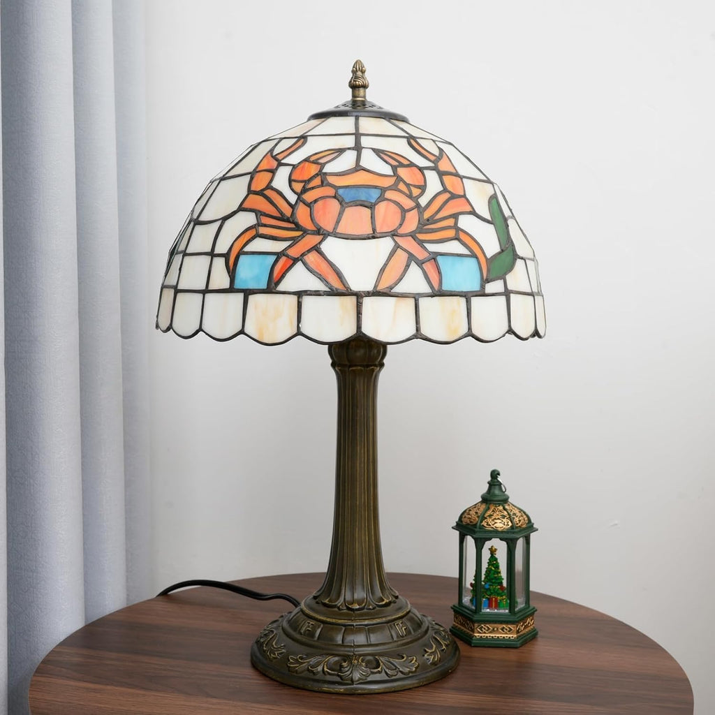 Tiffany Style Table Lamp with Orange Crab Stained Glass Lamp 12 Inch Retro Bronze Base Bedside Lamp Bedroom，Living Room, Bar,Cafe,Restaurant Hotel Art Nouveau Style Decorative Ambient Light