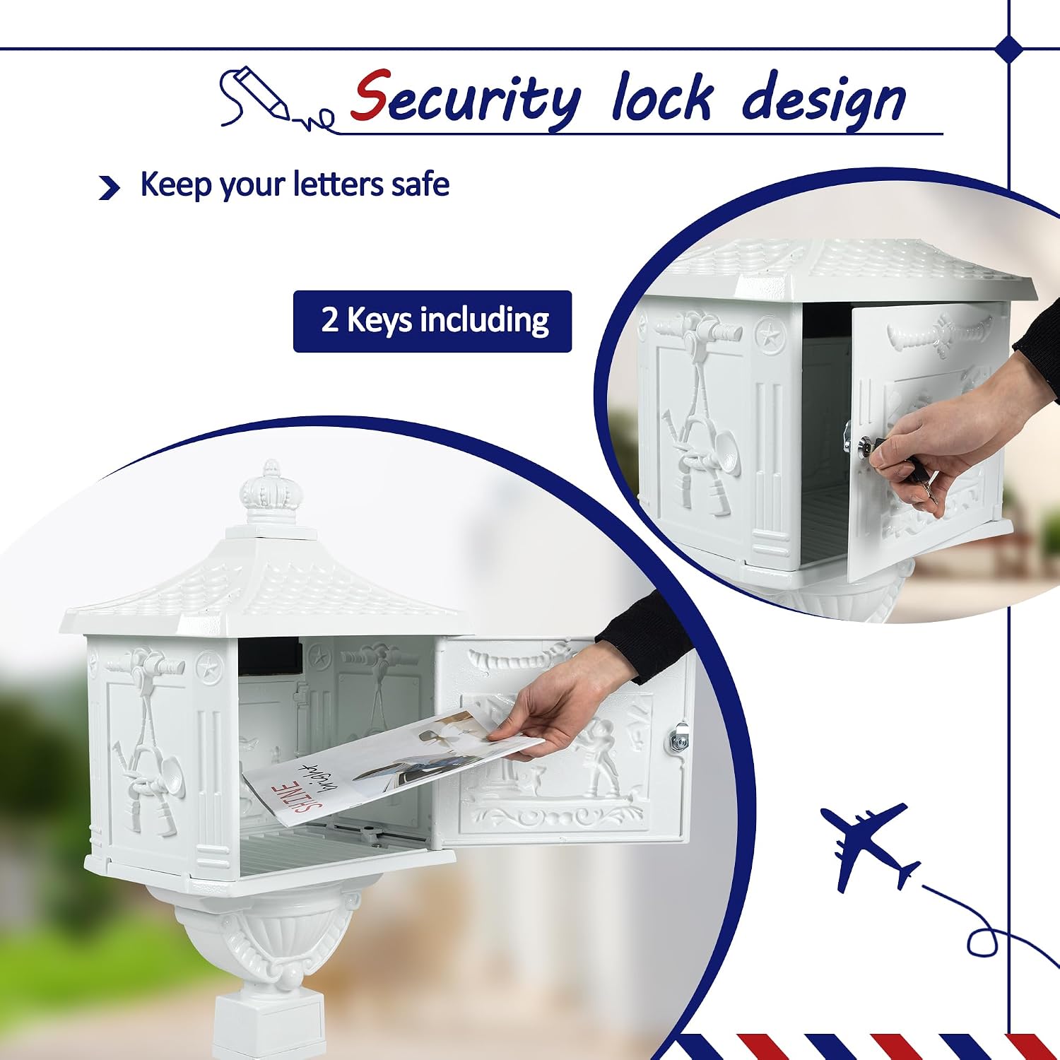 Retro Locking Mailboxes for Outside Aluminum Freestanding Mailbox with Post, Heavy Duty Mail Boxes for House with Post, White