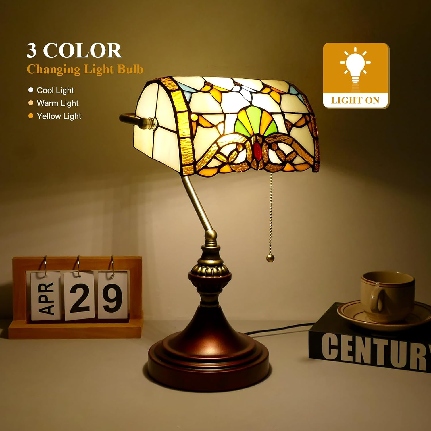 Beige Baroque Style Banker Lamp Tiffany Desk Light Table Lamp Stained Glass Bankers Desk Lamp Banker Table Lamp 10' Wide 15' Tall Vintage Tiffany Style Lamp for Home Living Room Nightstand