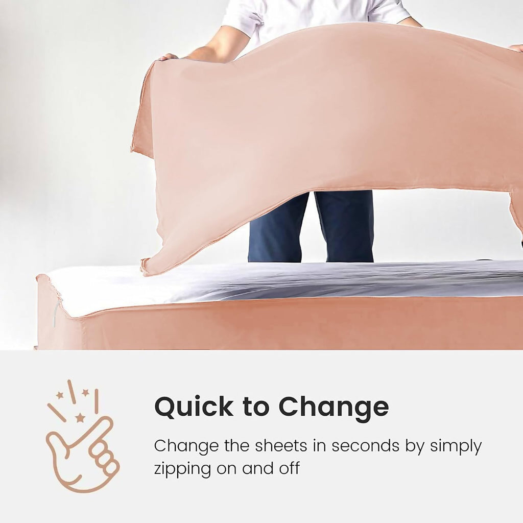 Zip On Sheets Queen Zipper Fitted Sheets 60X80 - Includes 2 Zip On Sheet & 1 Fitted Sheet Base - 8' to 16' Inch Deep Pocket Zipper Sheets - Faster & Easier Microfiber Queen Size - Blush