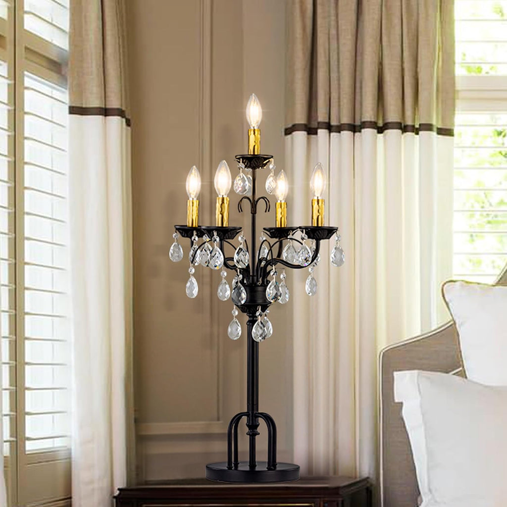 TOCHIC Black Gold Crystal Table Lamp, 5-Light Modern Bedside Lamp for Bedroom, 28' Tall Vintage Desk Lamp for Living Room, Home Office, Dining Room, Staircase, Entryway