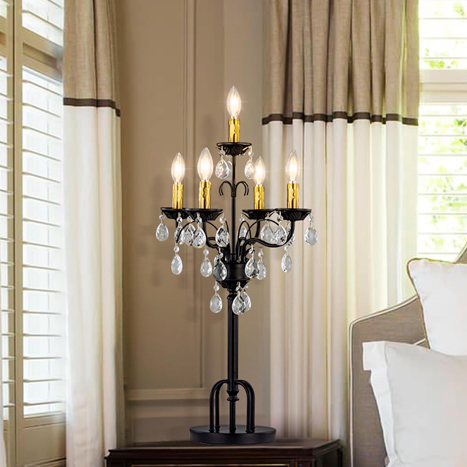 TOCHIC Black Gold Crystal Table Lamp, 5-Light Modern Bedside Lamp for Bedroom, 28' Tall Vintage Desk Lamp for Living Room, Home Office, Dining Room, Staircase, Entryway
