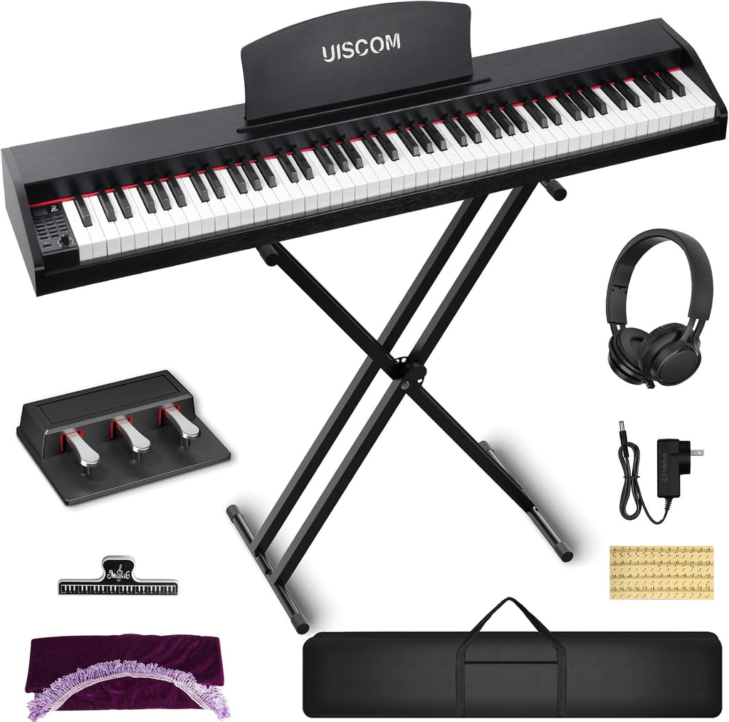 UISCOM 88 Key Digital Piano Keyboard for Beginners - Full Size Semi Weighted Wooden Electric Piano Set with Stand, Triple Pedal, Headphone,Carry Bag - Supports USB-MIDI Connecting (Wood Grain Black)