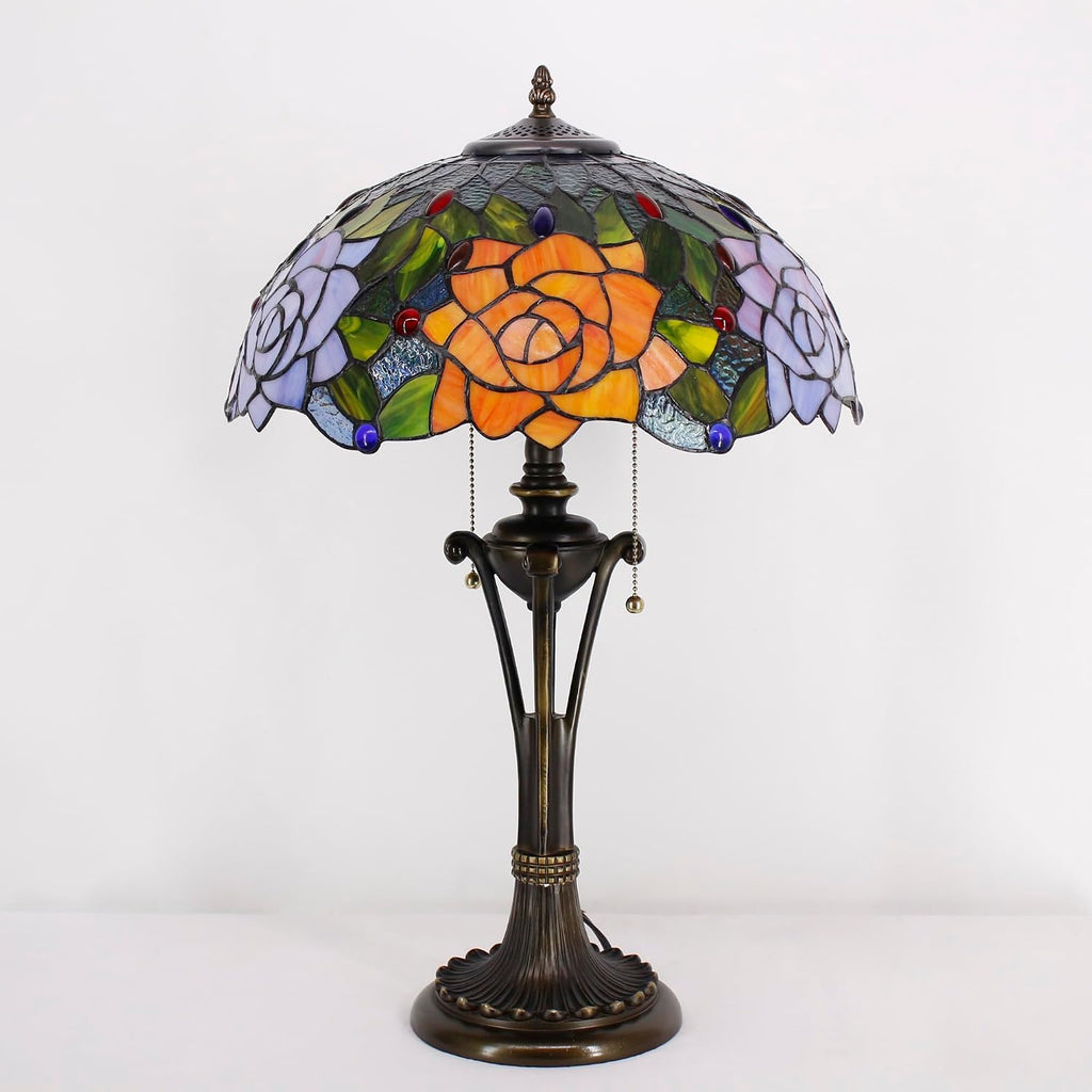 Tiffany Table Lamp Orange Purple Stained Glass Desk Lamp 16X16X24 Inches Rose Flower Style Reading Light