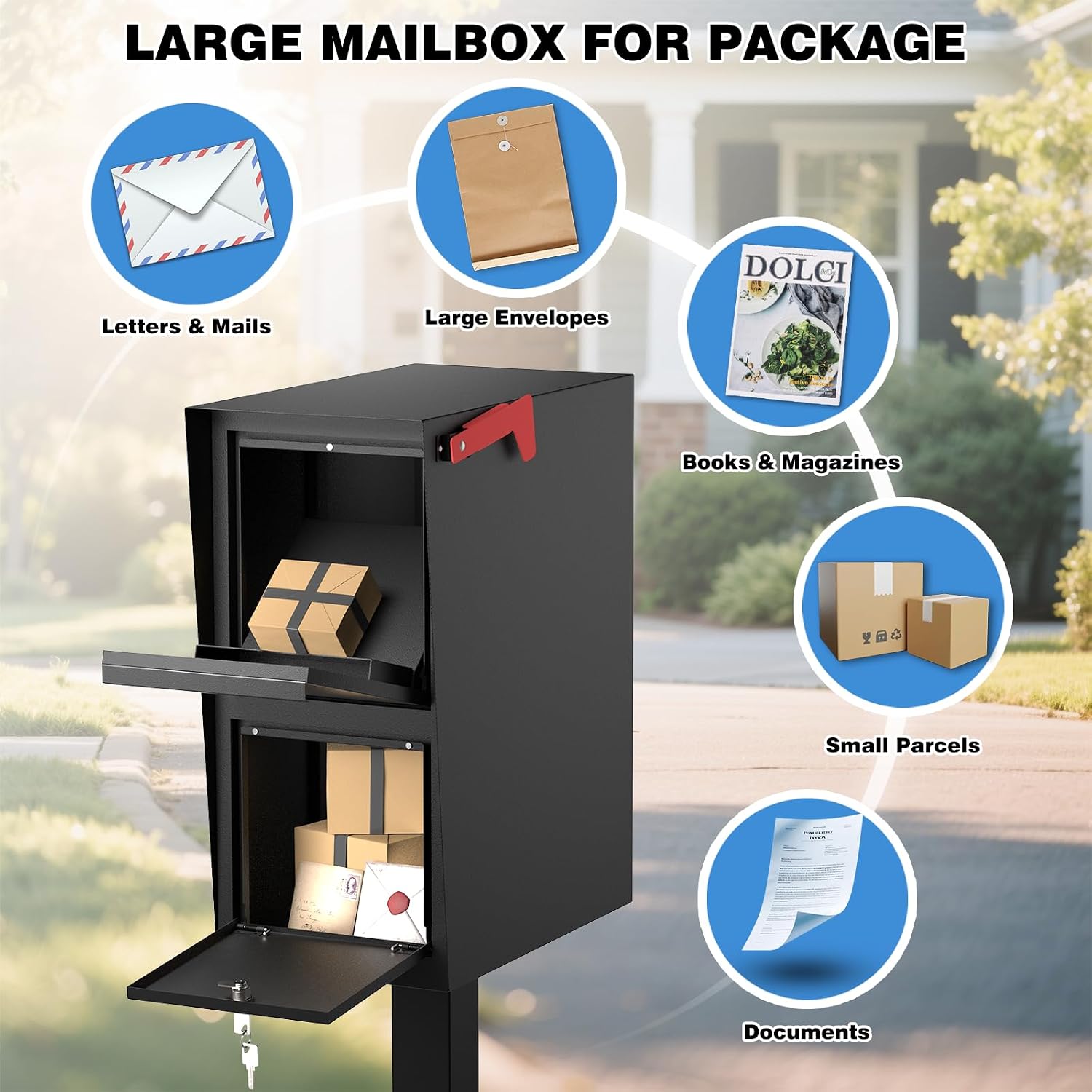 POCHAR Curbside Large Mailbox for Outside with Post - Locking Mailbox Post Mount with Base Plate - Weekend-Away Design Large Street Mail Box(Black)