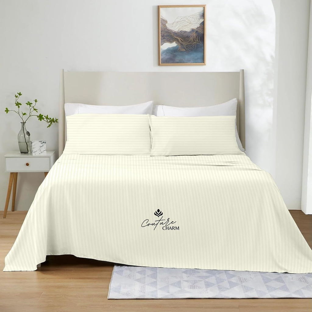 Queen Size 1000 Thread Count 100% Egyptian Cotton Sheet Set, 4-Piece, Sateen Weave, with 10-12' Deep Pocket Snug Fit (Stripe, Ivory)