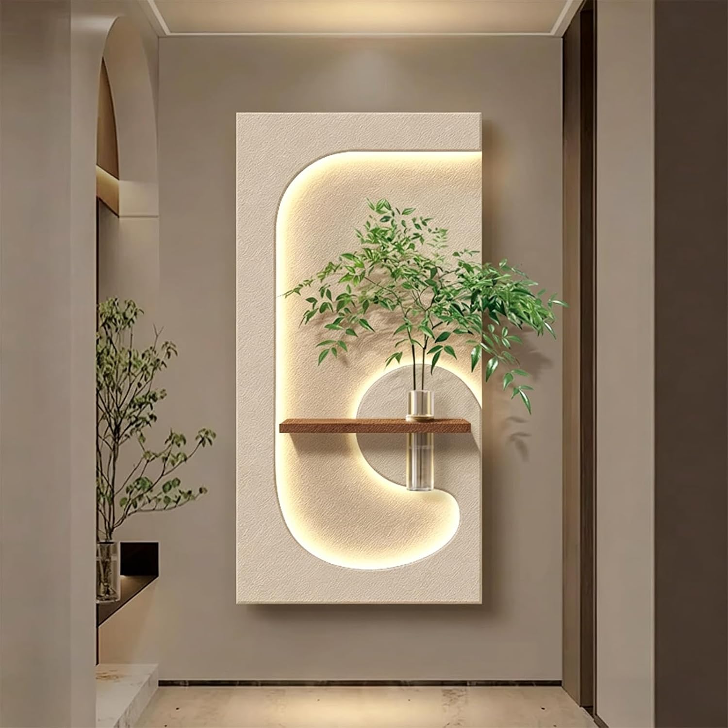 JVQONSD Sandstone Modern Wall Sculpture,3D Art Wall Decor With Led Lights,Neutral Textured Painting Decoration,Wall Hanging Art With A Vase,Plug-In Power Supply For Corridor/Home (Entrance)/Indoor