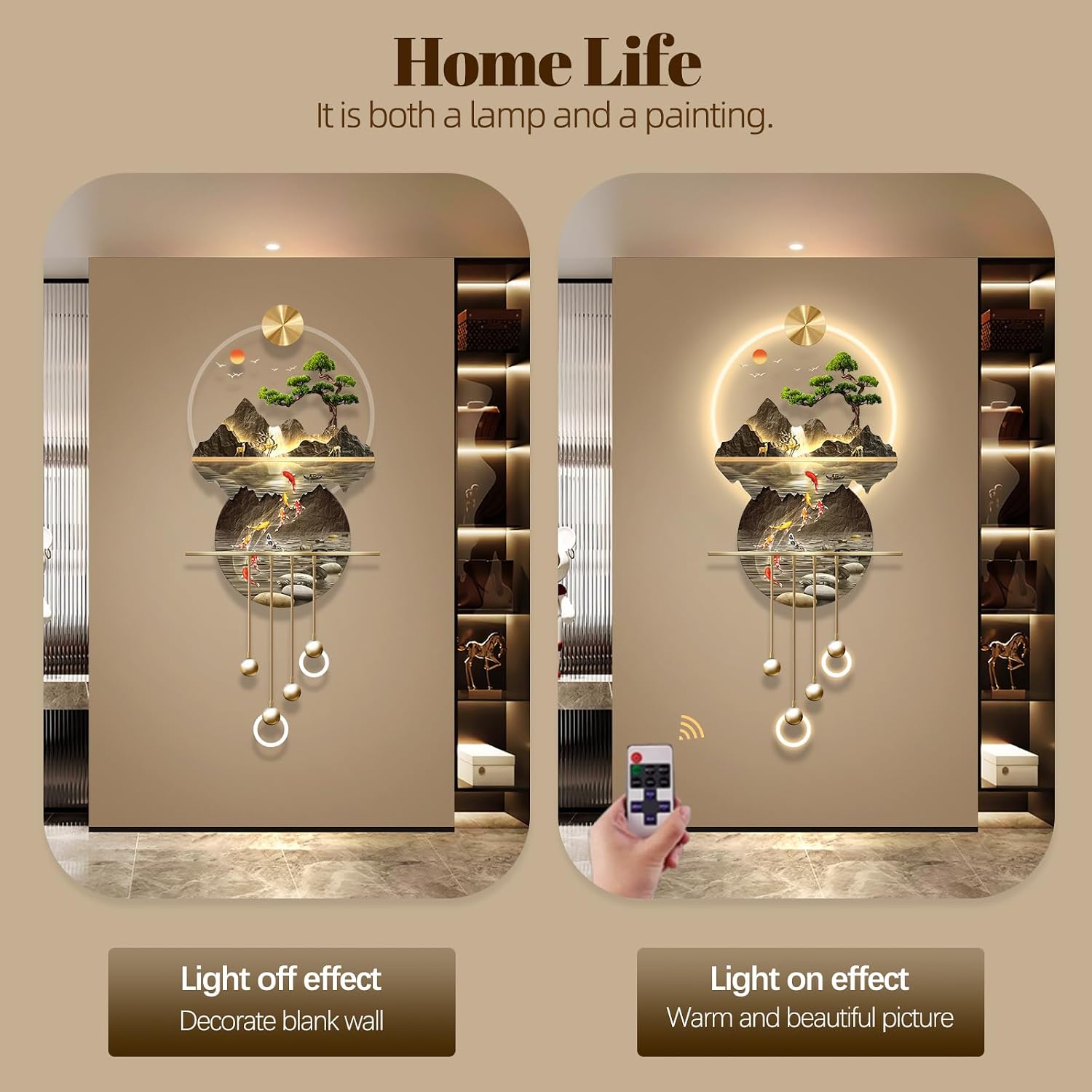 LED Light Decor Wall Art, 3D Art Wall Decor with Light, Decors Walls Sculptures Large 3D Art, Decors Walls Sculptures Lighting Modern, Plug-in Power Supply, Gold T, 23x53IN