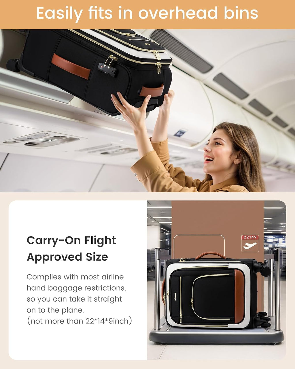 LOVEVOOK Carry on Luggage 22x14x9 Airline Approved with Garment Bag & Spinner Wheels, 22 Inch Large Rolling Suitcase with TSA Lock, Softside Lightweight Underseat Carryon Luggage for Women Travel, 49L