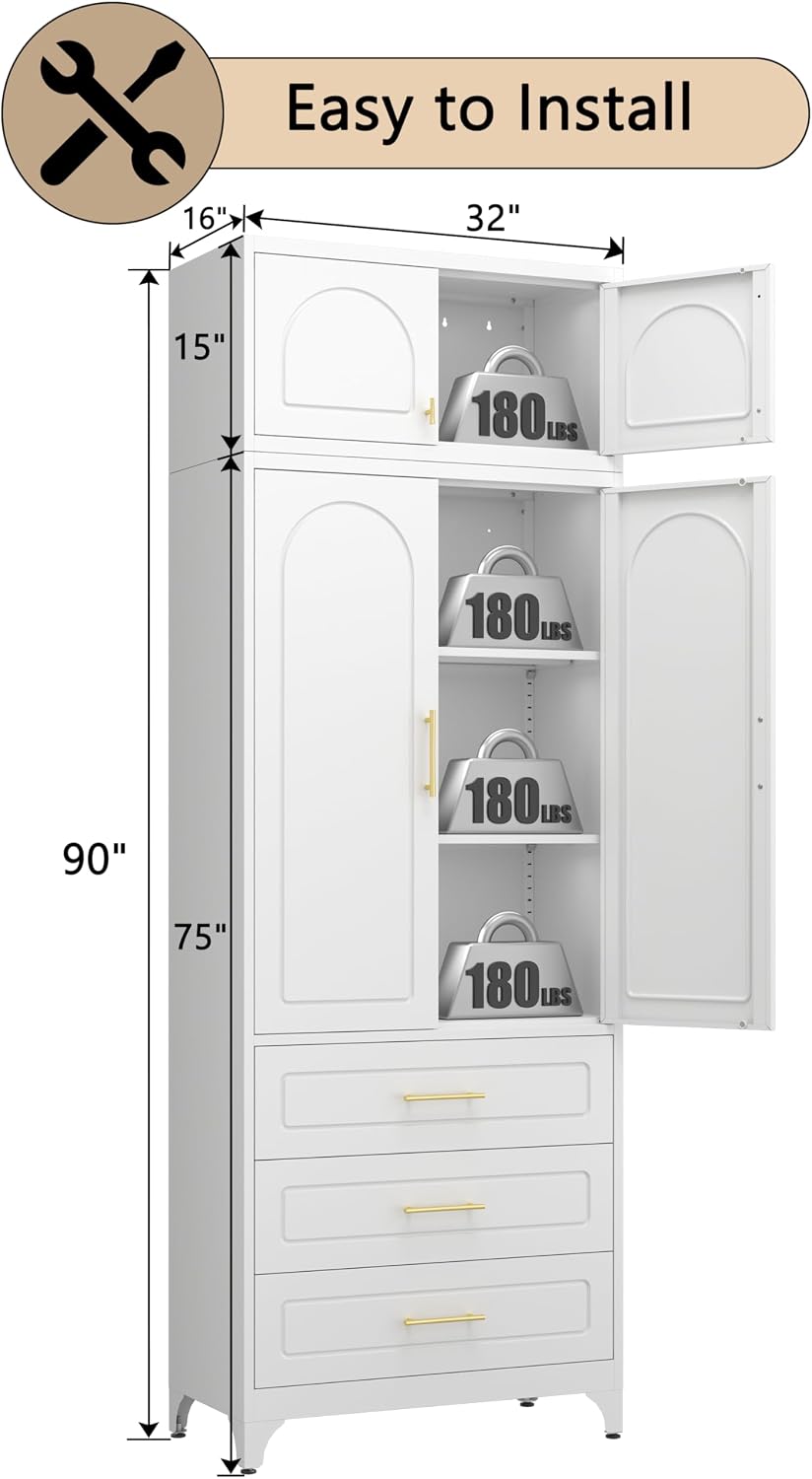 90' Tall Kitchen Pantry Cabinet,Metal Storage Cabinet with Doors and Adjustable Shelves,Modern Kitchen Hutch Cabinets,Freestanding Cupboard for Dining Room