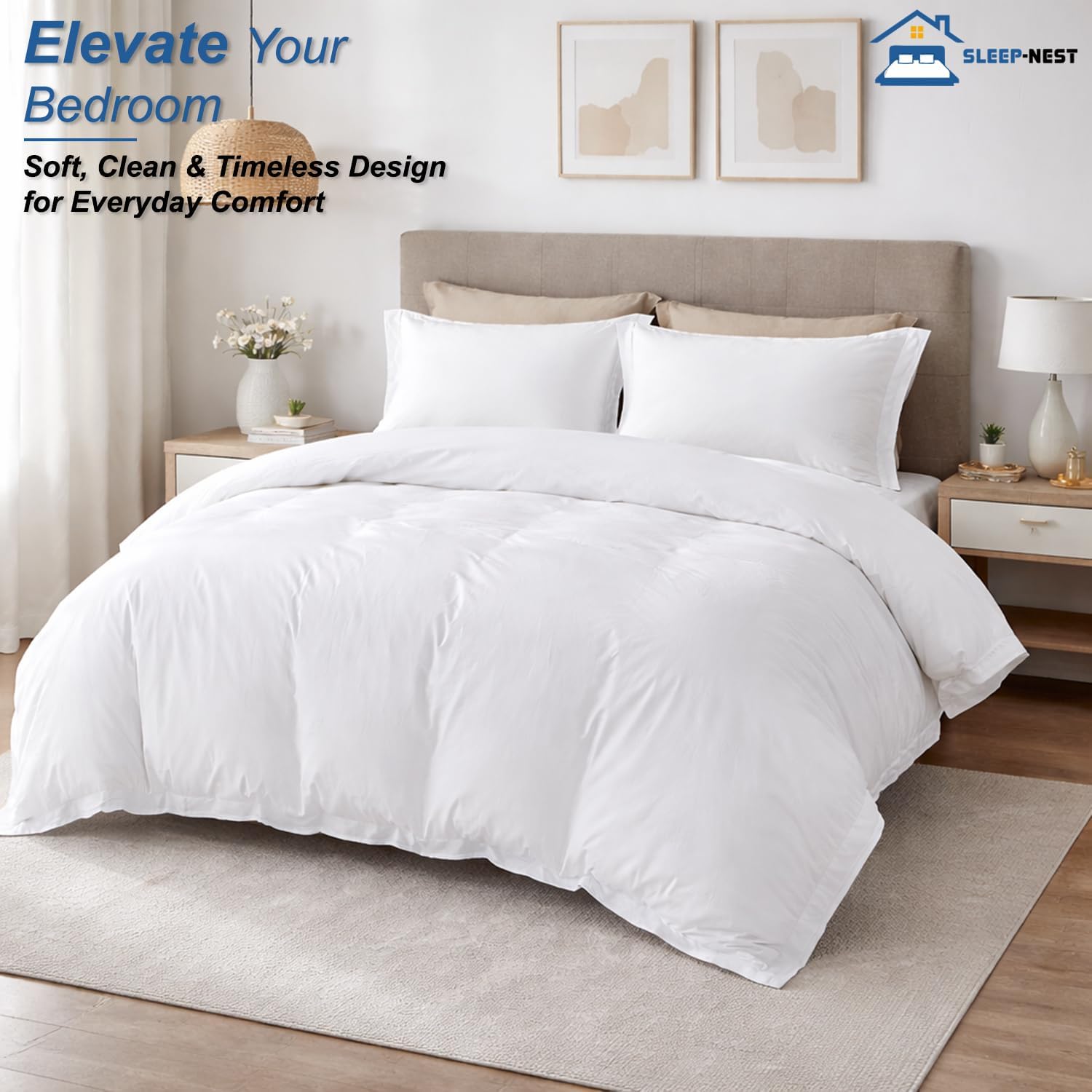 SLEEP-NEST Hotel Luxury Oversized King Duvet Cover 128x120 Inches 3-Piece Alaskan King Set in 100% Egyptian Cotton with Zipper Closure & Corner Ties, Breathable, All Season Bedding - White