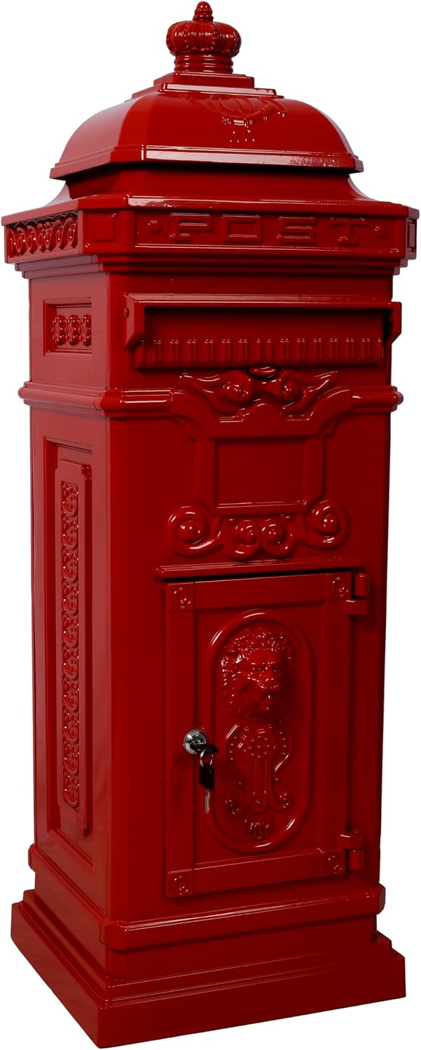 Vintage Large-Capacity Cast Aluminum Mailbox, Outdoor Weatherproof Floor Standing Postbox, Decorative Copper Finish Letter Box with Lock, Roman Column Design for Home Use (Red)