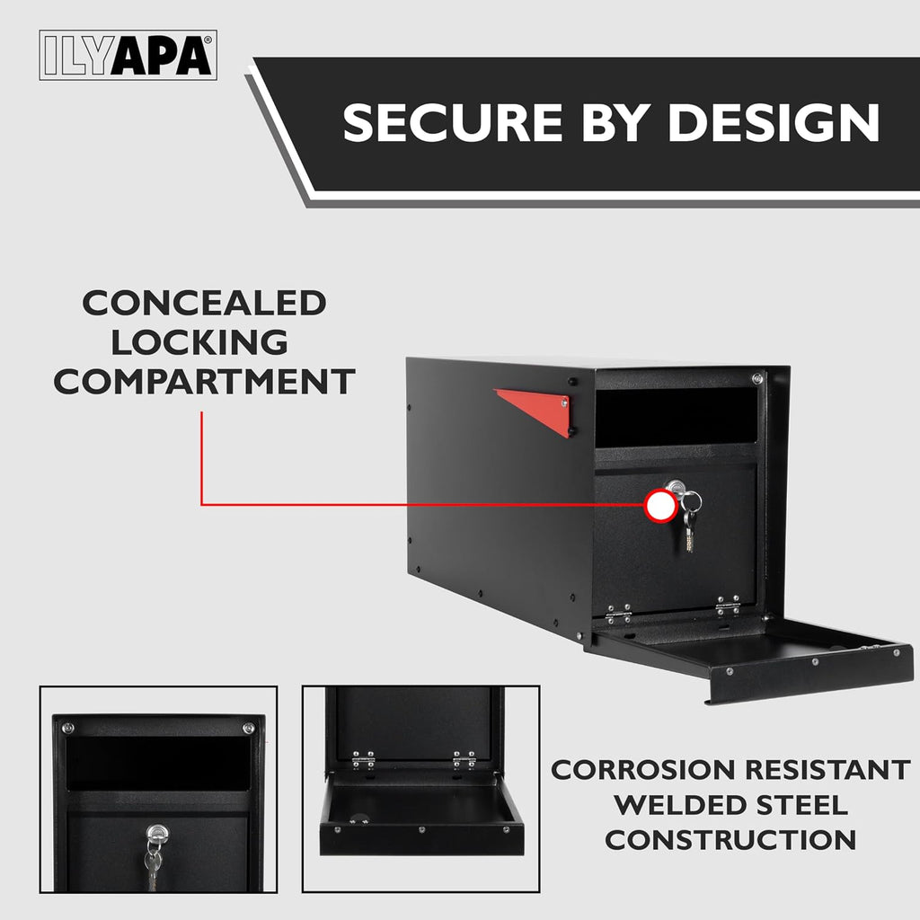 Ilyapa Locking Mailbox with Lock and Key Modern Mailboxes for Outside Post Mount - Black Powder Coated Steel, All Weather & Corrosion Resistant, Stainless Steel, Modern
