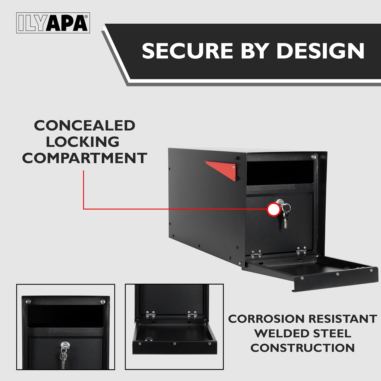 Ilyapa Locking Mailbox with Lock and Key Modern Mailboxes for Outside Post Mount - Black Powder Coated Steel, All Weather & Corrosion Resistant, Stainless Steel, Modern