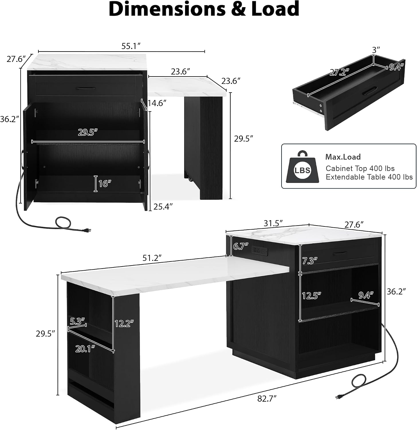 RUNNA Kitchen Island with Extendable Dining Table for 4-6 Person,Two-Tone Kitchen Table,Power Outlet Storage 2 Drawers 2 Side Open Shelves(Black~010)