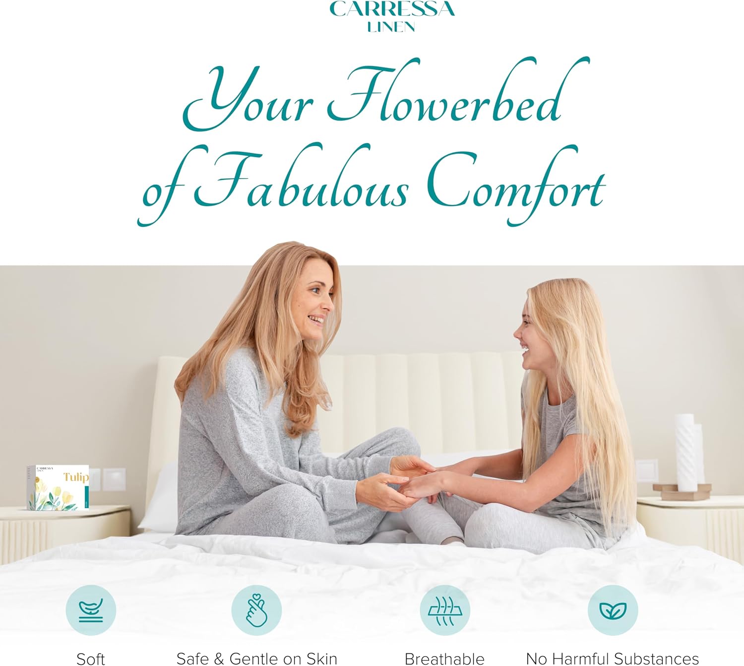 Carressa Linen 100% Egyptian Cotton Queen Sheet Set - 800 Series Tulips Collection Egyptian Cotton Sheets Queen Size (6 PC, Crisp White), 16' Deep Pocket Sateen Weave Luxury Hotel Bed Sheet
