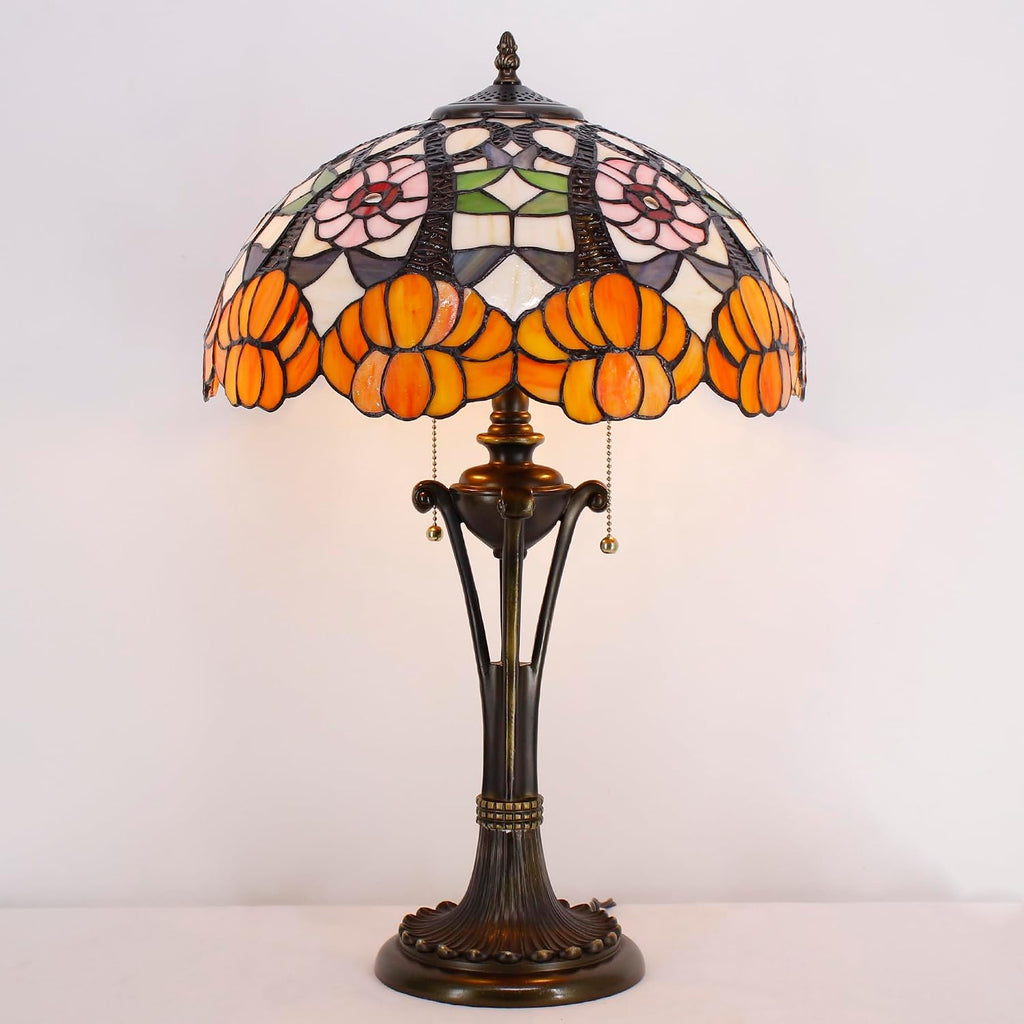 Tiffany Table Lamp 24 Inch Orange Flower Stained Glass Desk Lamp Reading Light for Bedroom Living Room Bedside Nightstand
