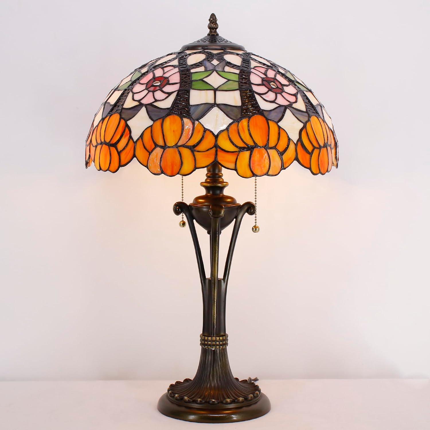 Tiffany Table Lamp 24 Inch Orange Flower Stained Glass Desk Lamp Reading Light for Bedroom Living Room Bedside Nightstand