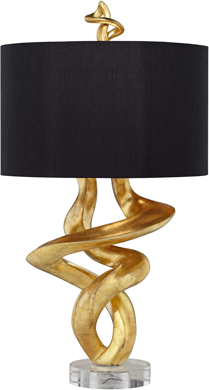 Kathy Ireland Impressions 33' Tall Sculpture Base Large Modern Luxury End Table Lamp Gold Leaf Finish Single Black Shade Living Room Bedroom Bedside Nightstand House Office Home Reading Kitchen
