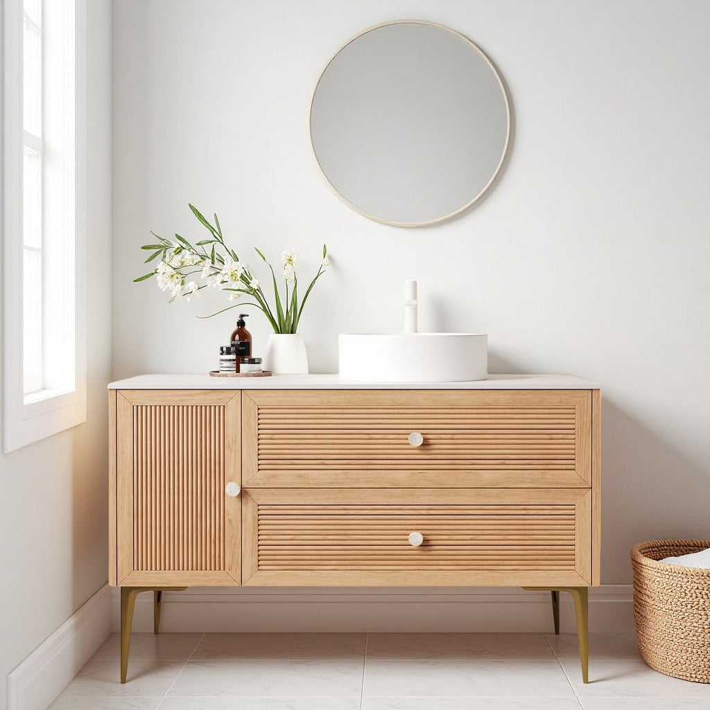 48' Bathroom Vanity with Ceramic Sink, Freestanding Plywood Storage Cabinet with 2 Drawers and Soft Close Doors, 4 Metal Legs, Modern Wooden Bathroom Vanities, Pre-Assembled, Oak