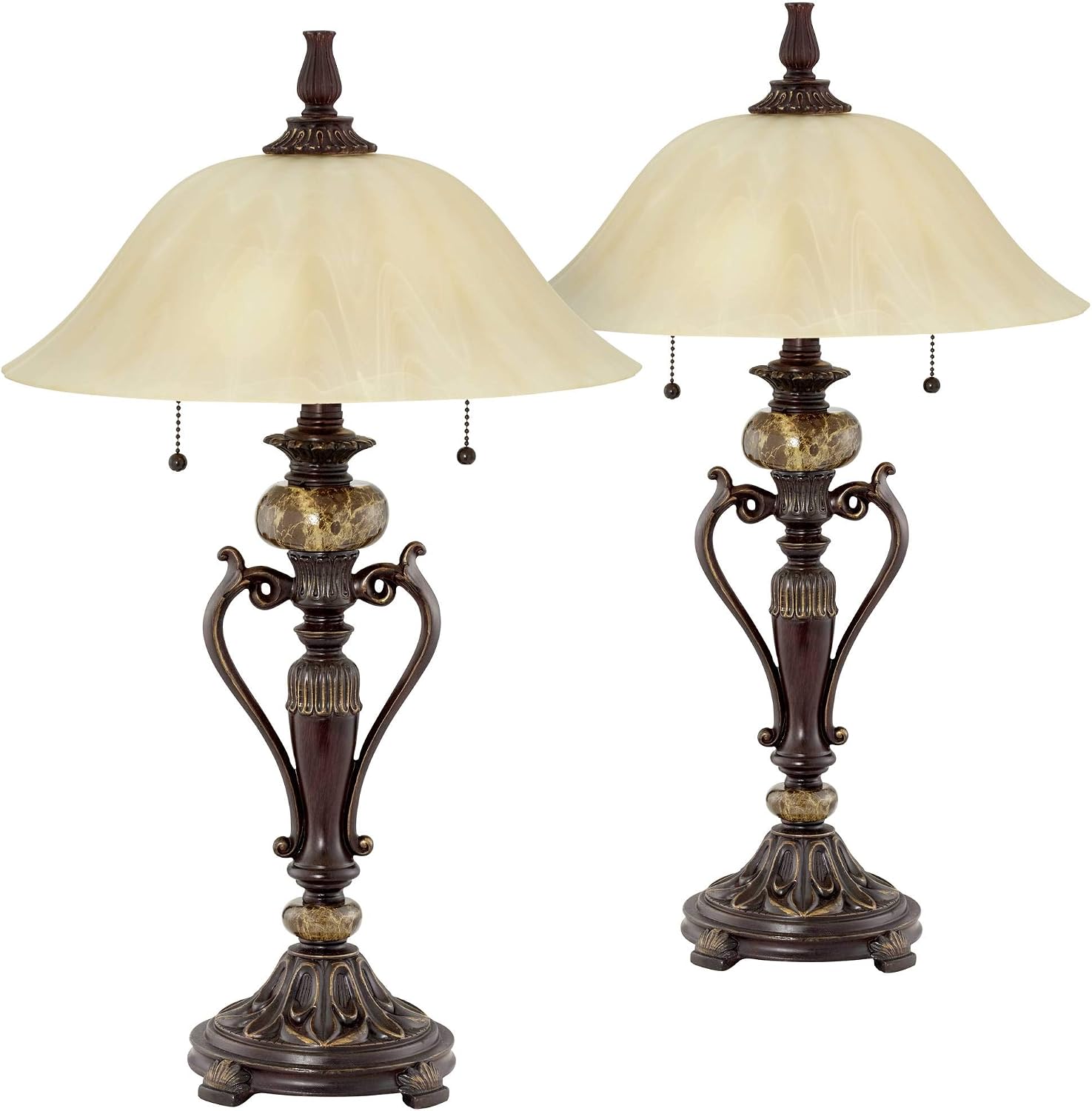 Kathy Ireland Amor Traditional Vintage Table Lamps 26' High Set of 2 Bronze Brown Marble Alabaster Champagne Glass Shade Decor for Living Room Bedroom House Nightstand Home Office Family