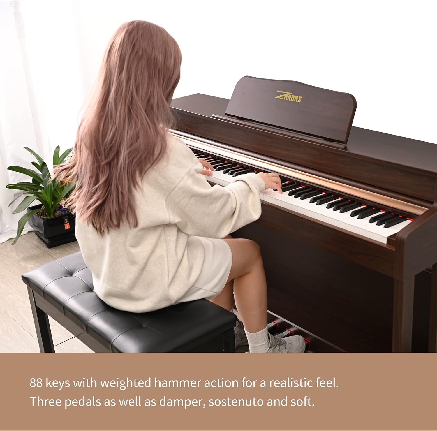 Digital Piano, 88 Key Full Weighted Keyboard Piano, Professional Acoustic Heavy Hammer Piano Keyboard, with Sheet Music Stand, Triple Pedal, Power Adapter, Supports USB-MIDI Connecting, Brown
