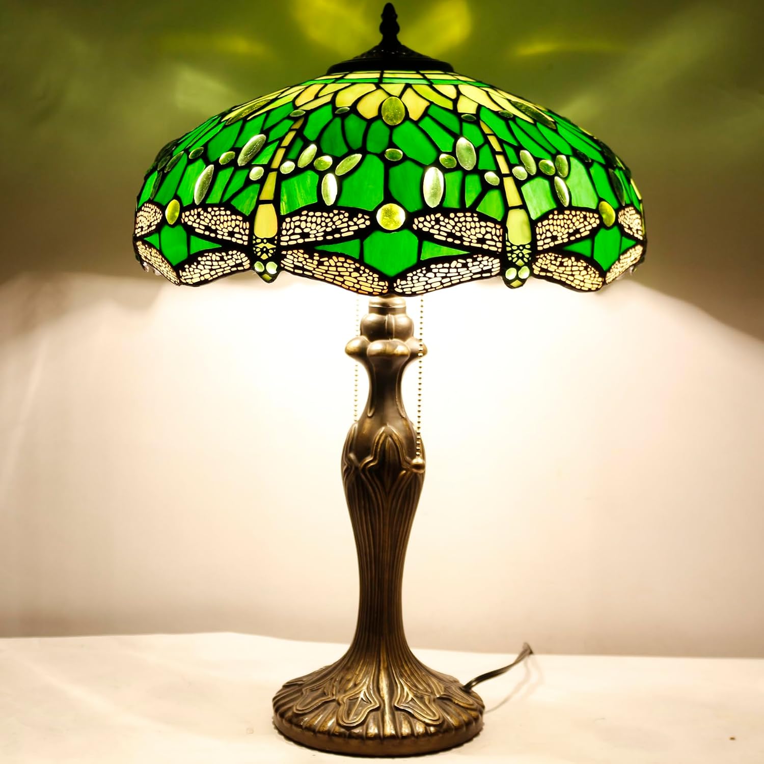 WERFACTORY Tiffany Style Table Lamp Green Stained Glass Dragonfly Bedside Lamp 16X16X24 Inch Desk Reading Light Metal Base Decor Bedroom Living Room Home Office S459 Series