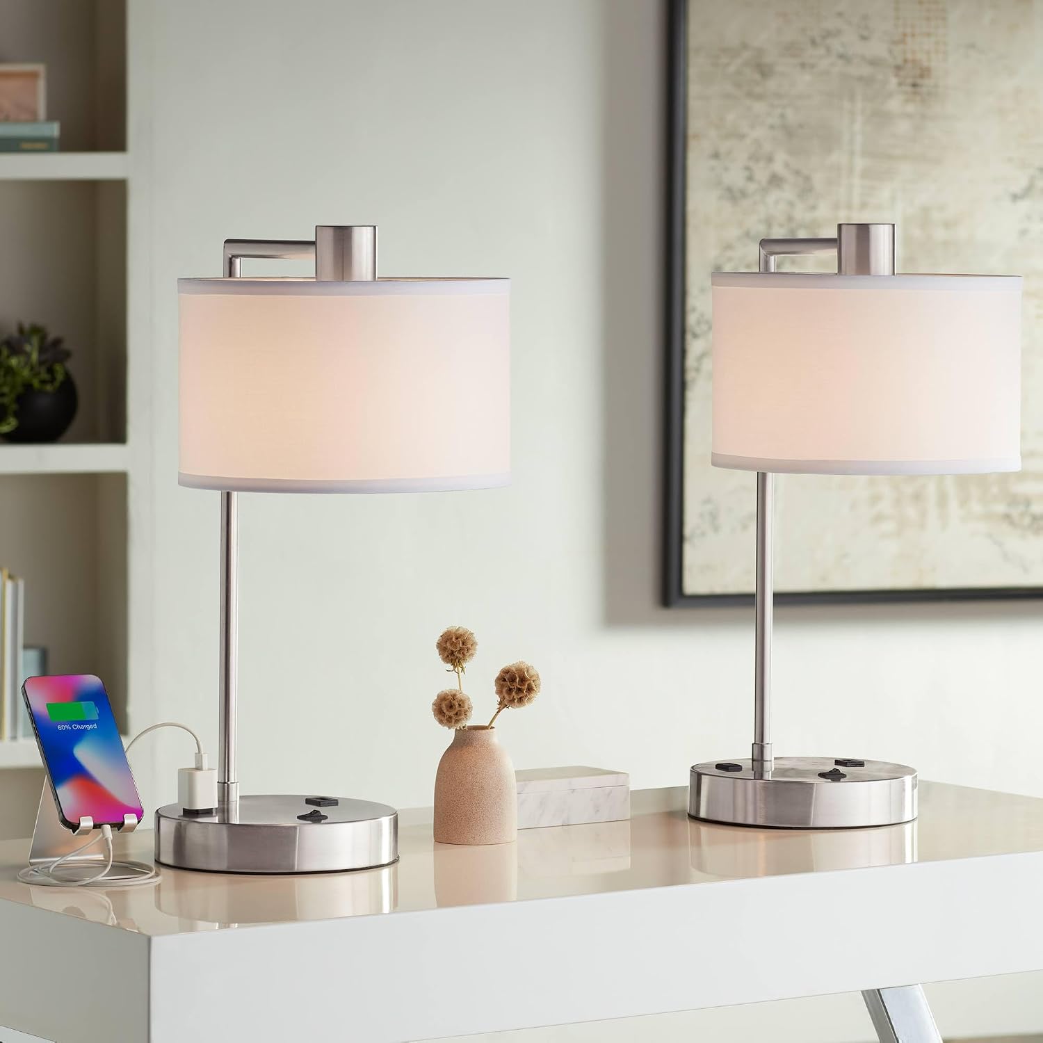 360 Lighting Colby Modern Desk Table Lamps 21' High Set of 2 with Hotel Style USB and AC Power Outlet in Base Brushed Nickel White Linen Shade for Living Room Bedroom Bedside Home Office