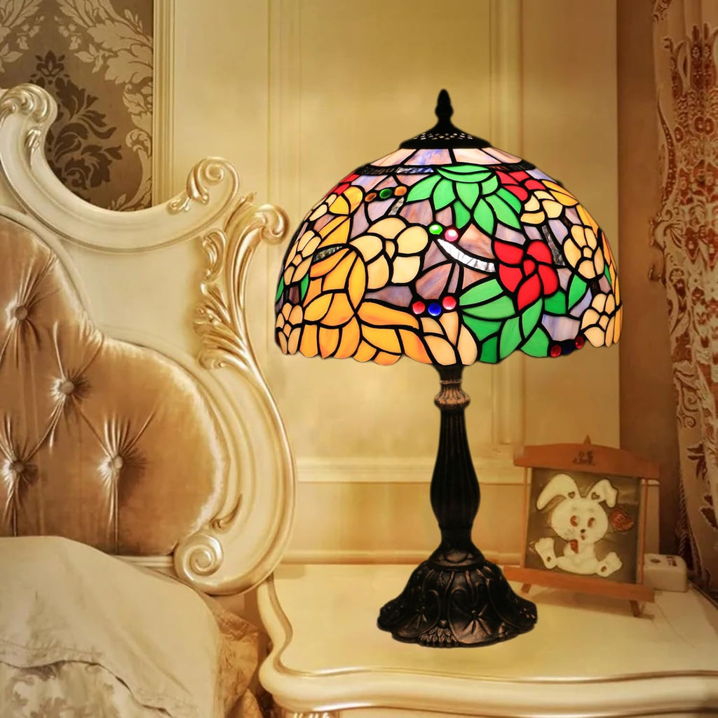 Tiffany Table Lamp for Living Room,Camellia Flower Stained Glass Lamp Shades for Bedside Nightstand Table LampsW/LED Bulb,12X12X19 Inch Tall Home Office Reading Dining Room Desk Lamps