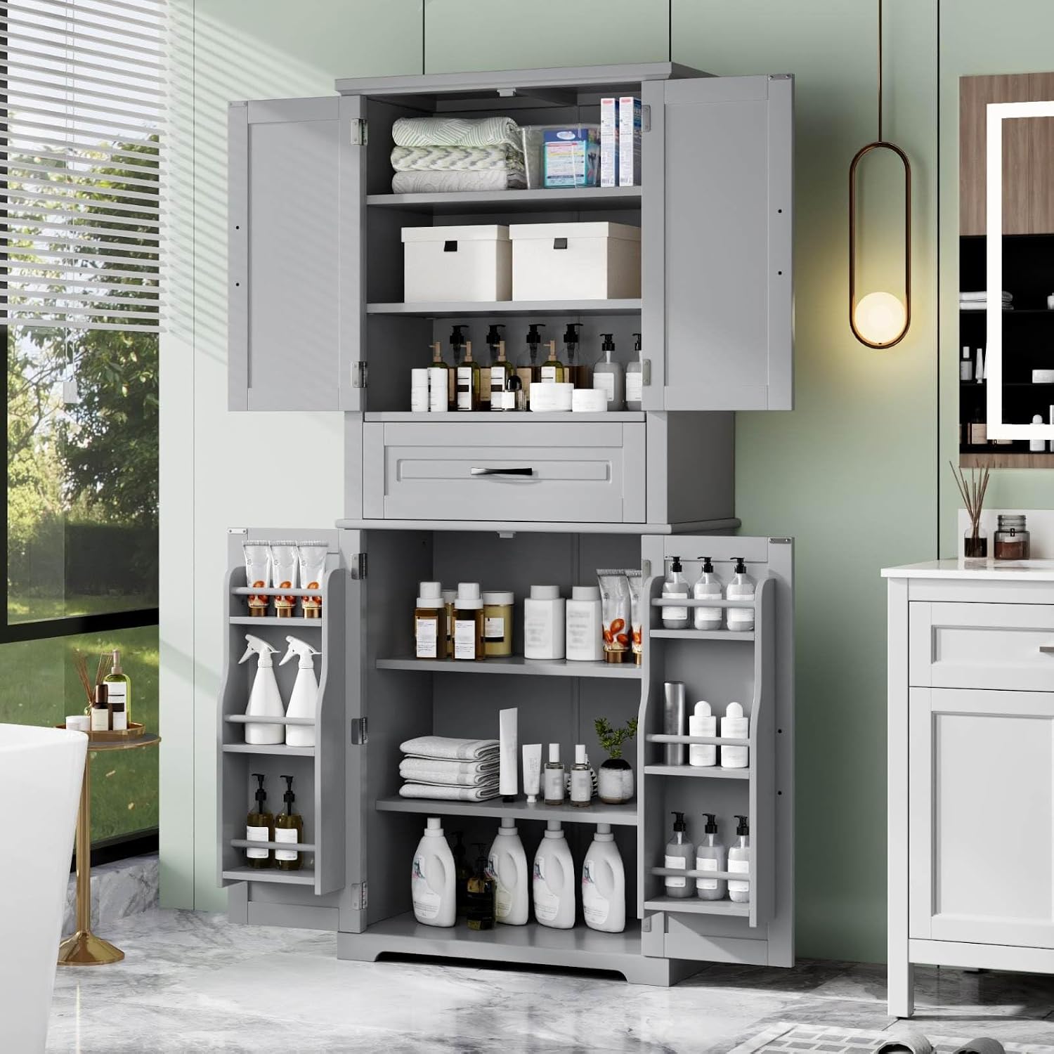 Tall Storage Cabinet with Adjustable Shelves, Large Drawer, and Door Storage Racks, 72' Kitchen Pantry Organizer with Magnetic Door Stopper and Metal Handles, Waterproof Finish for Home Use