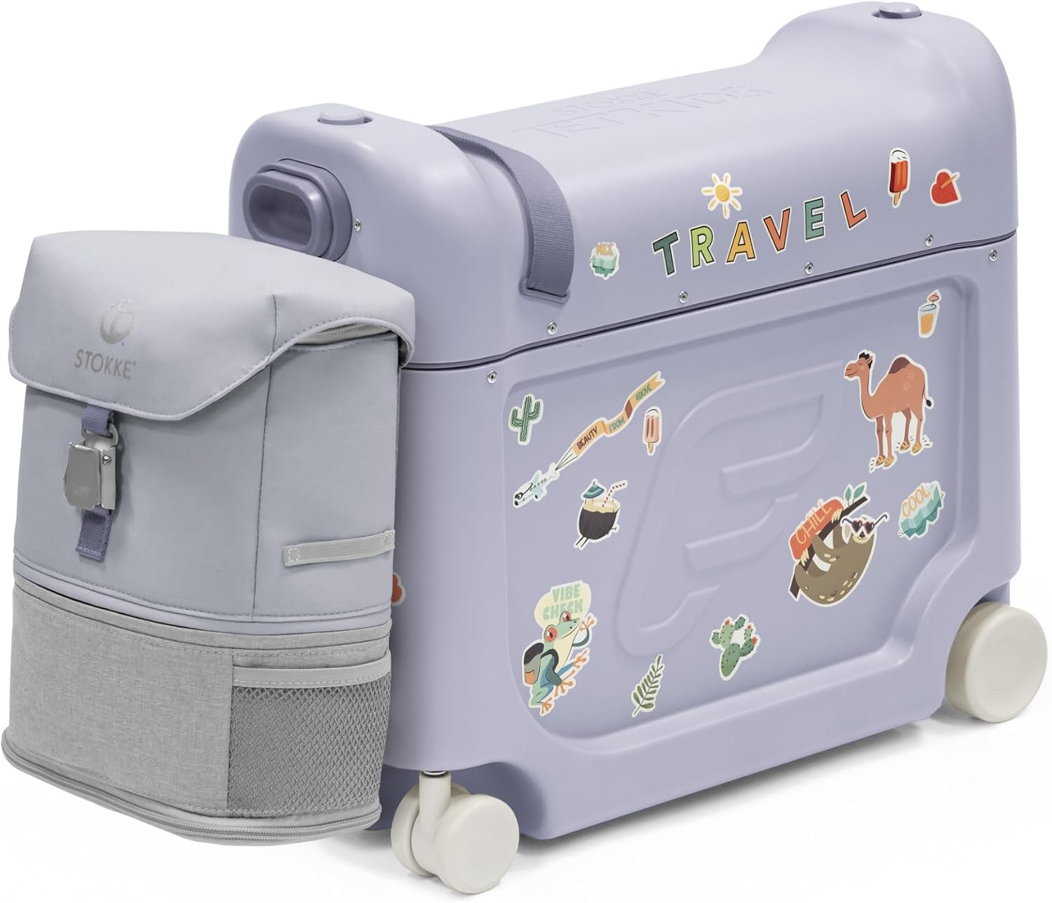 Stokke JetKids Travel Bundle, Arctic Blue - Includes BedBox Ride-On Suitcase & Backpack - Best for Kids 2-7 Years Old (Up to 77 lbs)
