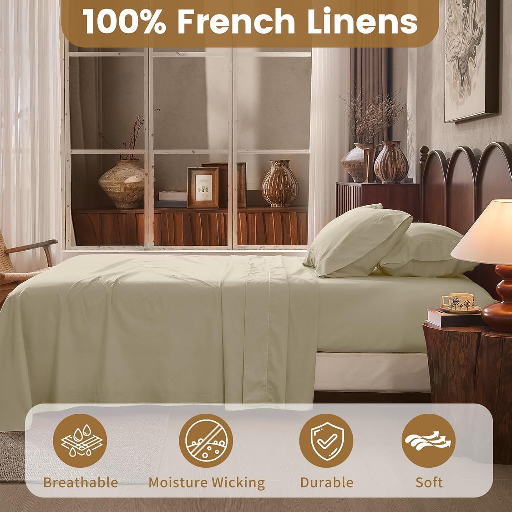 100% Linen Sheets King Size,Breathable & Durable 4-Piece Bed Flax Sheet Set,Soft All-Season Bedding for Hot Sleepers 16' Deep Pocket Oeko-TEX Certified,（King, Brown Taupe）