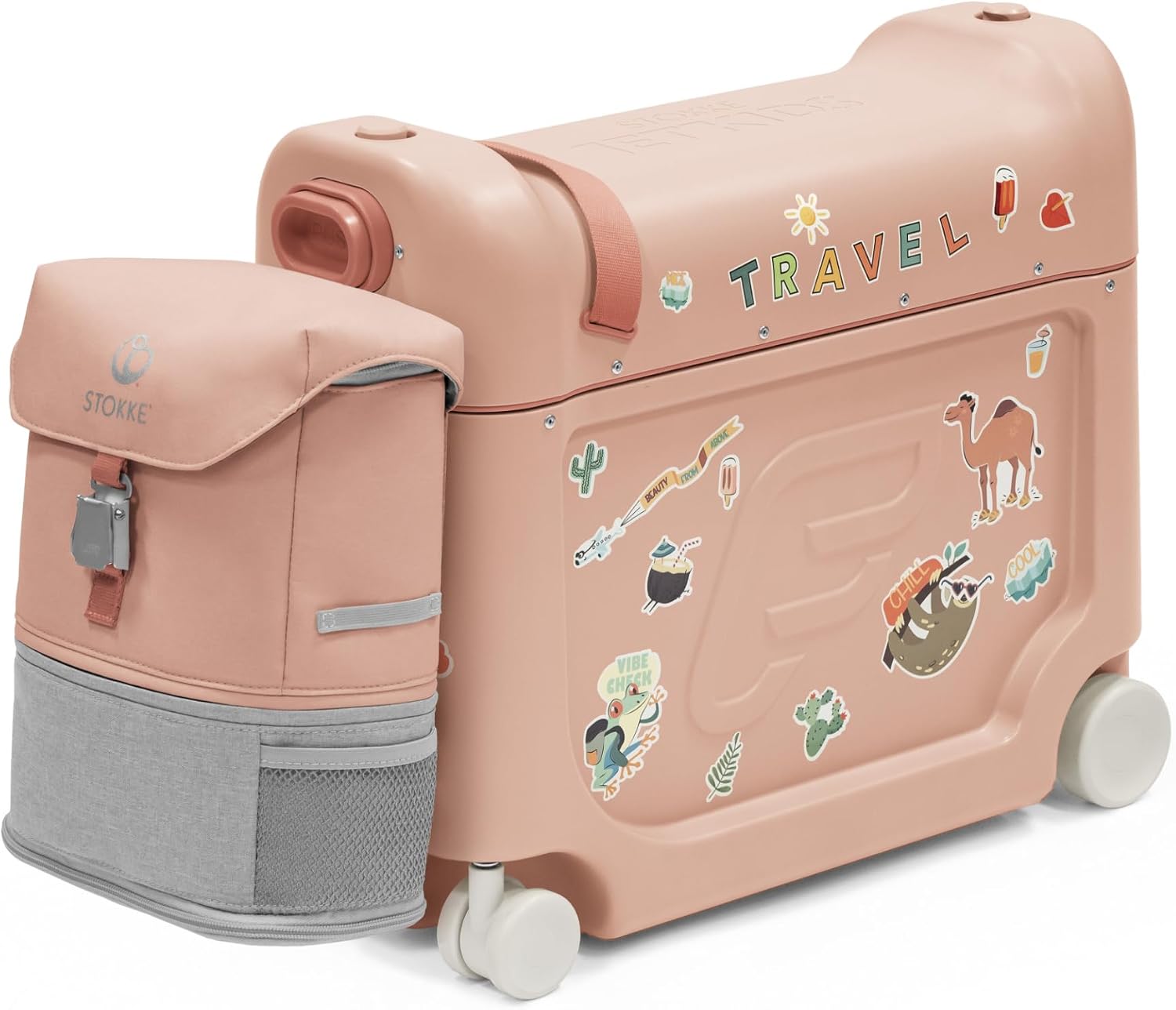 Stokke JetKids Travel Bundle, Coral Pink - Includes BedBox Ride-On Suitcase & Backpack - Best for Kids 2-7 Years Old (Up to 77 lbs)