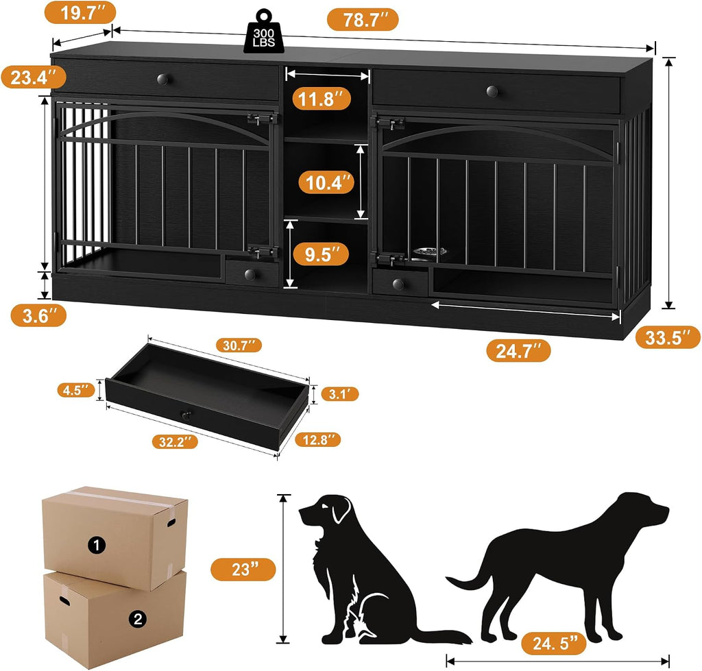 Garvee Dog Crate Furniture for 2 Dogs, Dog Kennel Indoor with Storage and Feeding Bowls, Double Dog Crate TV Stand for Small Medium Dogs, Black