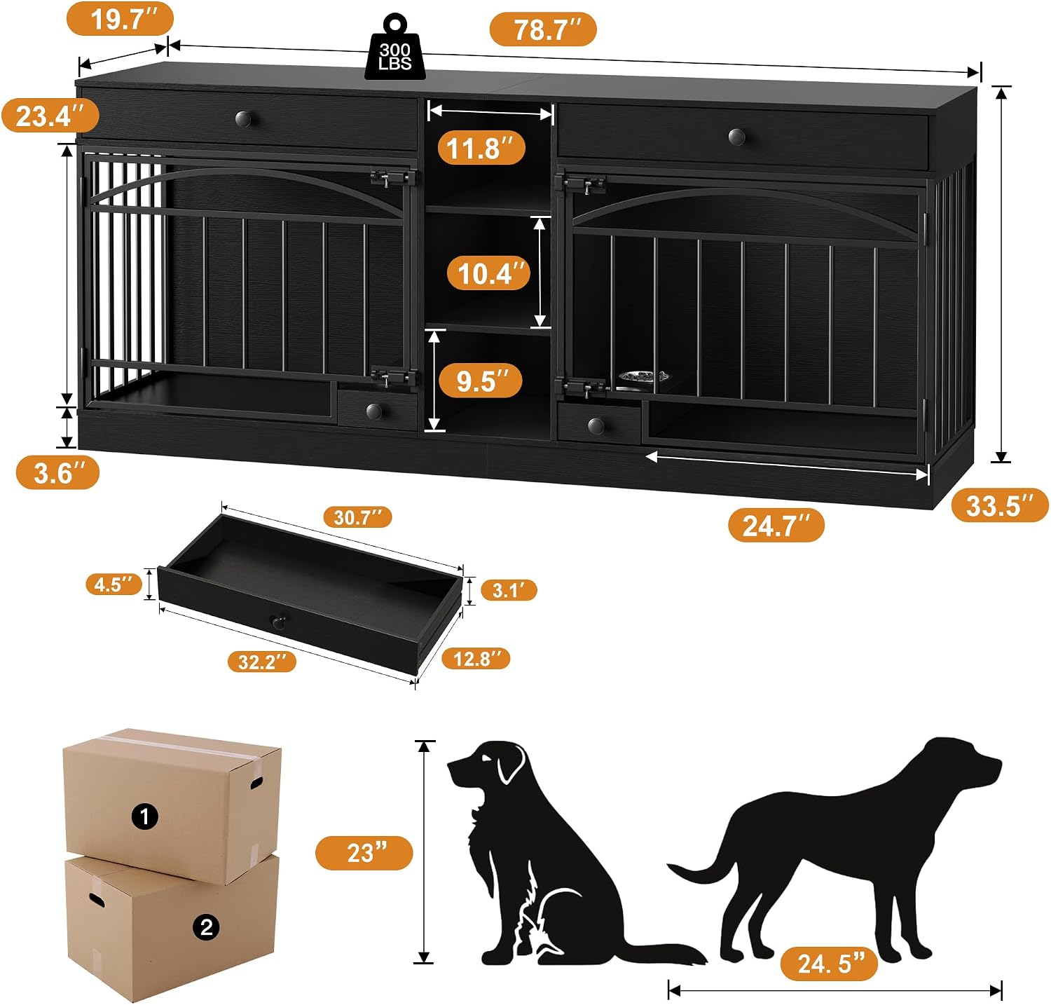 Garvee Dog Crate Furniture for 2 Dogs, Dog Kennel Indoor with Storage and Feeding Bowls, Double Dog Crate TV Stand for Small Medium Dogs, Black