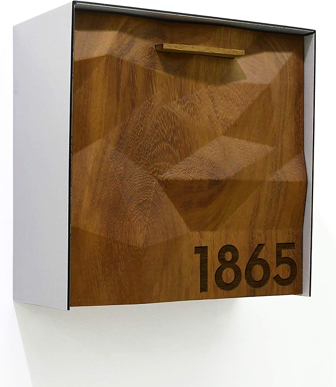Wall Mounted Mailbox 3D - Solid Iroko Wood Door with Laser Engraved, Brushed Silver Aluminum (ACP) Body - Modern Design - Custom Mailbox - Postbox - Letterbox - Mailnest Type 1