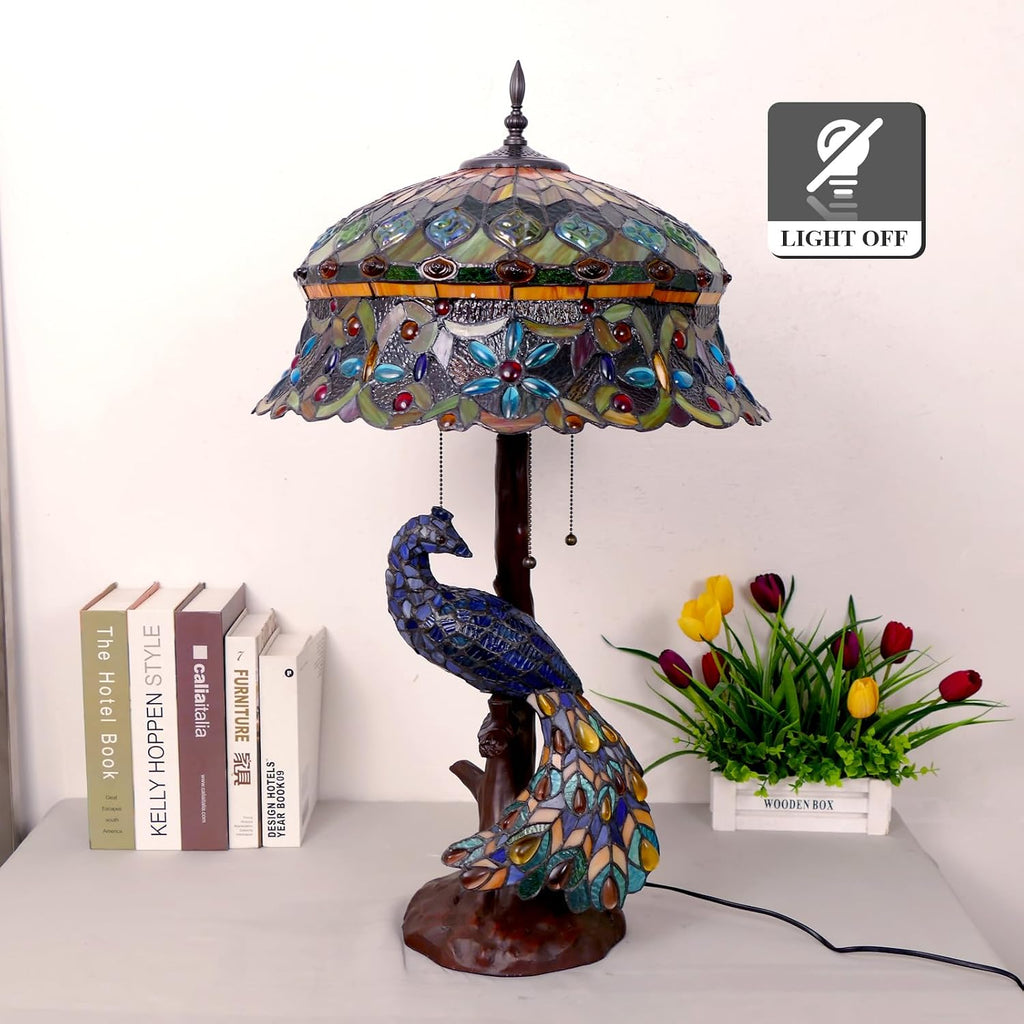 Tiffany Style Table Lamp Peacock Flower Style Handmade Stained Glass Lamp 18 Inch Wide 31 Inch Tall Vintage Desk Light Large Table Lamp for Bedroom Living Room Home Office Decoration