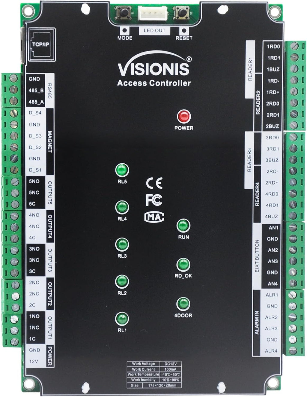 Visionis VS-AXESS-4ETL-PCB Four Door Network Access Control System Board Controller for 4 Doors Security with TCP/IP Wiegand and Desktop Software 20,000/70,000 User Record